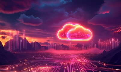 Poster - futuristic digital landscape featuring glowing cloud technology over circuit patterns, vibrant sunse