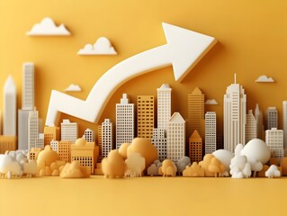 Poster - Decreasing White Percentage Arrow on Saturated Yellow Field Simplified Market Chart Minimalist Data Analytics Graphic Polished Digital 3D Rendering with Vintage Financial Report Aesthetic