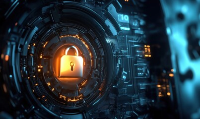 Poster - Digital Lock Symbolizing Cybersecurity in Futuristic Technology Environment with Circuit Patterns and Glowing Elements