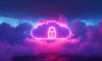 Poster - Cloud security concept with glowing padlock symbol in vibrant neon colors amidst dramatic clouds and atmospheric lighting