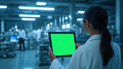 Poster - Woman in Laboratory Holding Tablet with Empty Green Screen, Focused on Production Line in Modern Manufacturing Facility, Engineers Working in Background