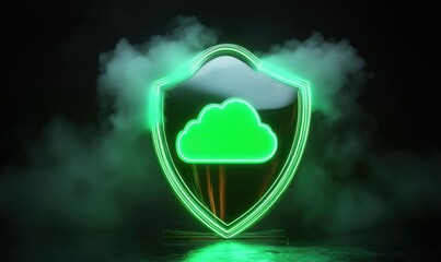 Poster - Cloud security shield glowing in green light, representing data protection and cybersecurity concepts