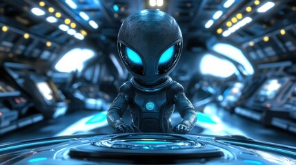 Poster - A futuristic alien character operates a control panel in a high-tech spacecraft interior.