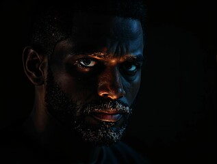 Poster - The image shows a person with a beard and a dark background, illuminated by light that creates a dramatic effect.