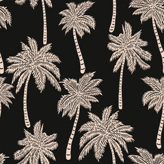 Tropical pattern with freehand drawn palm trees. Hawaii summer background organic shapes black and white for fabric, textiles, clothing, poster, cover, decor, banner, wallpaper. Vector illustration.