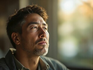 Poster - A man with dark hair and a beard is looking away from the camera, with a blurred background suggesting an indoor setting. The lighting is warm, indicating it might be late afternoon or early evening.