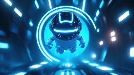 Poster - A futuristic astronaut figure floating through a glowing, high-tech tunnel.