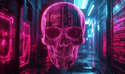 Poster - Digital skull hologram in neon-lit corridor, showcasing futuristic technology and cybernetic aesthetics