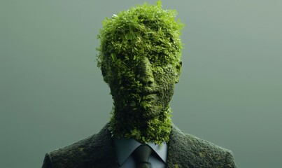 Poster - Human figure with face covered in lush green foliage, symbolizing nature and sustainability, dressed in formal suit, blending nature with human identity