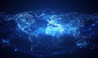 Poster - Digital World Map with Network Connections and Bright Stars Representing Global Connectivity and Technology
