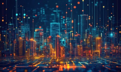 Poster - futuristic city skyline illuminated by neon lights, digital connections, and vibrant colors, showcas