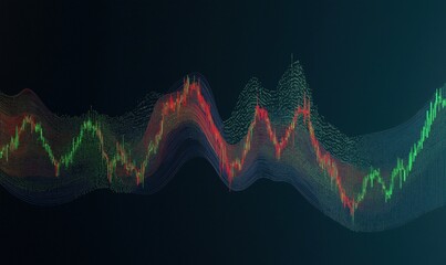 Poster - Dynamic financial market trends visualized through colorful waveforms representing stock price fluctuations and trading activity