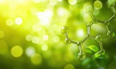 Poster - Molecular structure representation with green bokeh background, symbolizing nature, science, and innovation in biotechnology