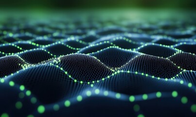 Poster - 3D Abstract Representation of Wavy Surface with Green Dots and Mesh Structure, Digital Visualization of Data Patterns