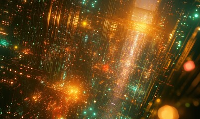 Poster - futuristic cityscape illuminated by vibrant neon lights, showcasing intricate digital architecture a