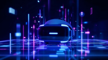 Poster - futuristic scene with a virtual reality headset at the center, surrounded by glowing lines and digital elements, suggesting a high-tech environment.