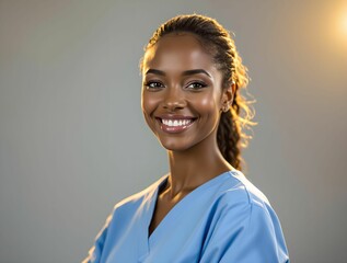 Poster - young nurse smiling while standing on light gray background.