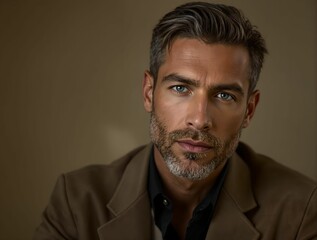 Poster - A man with short hair and a beard is wearing a dark shirt and a tan blazer. He is looking off to the side.