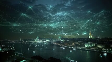 Aufkleber - A futuristic cityscape illuminated by digital connections and networks above the skyline.