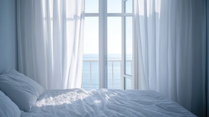 Wall Mural - Serene Bedroom with Ocean View and Sheer White Curtains