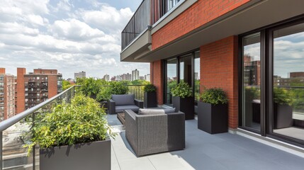 Wall Mural - Modern balcony design with greenery and city skyline view