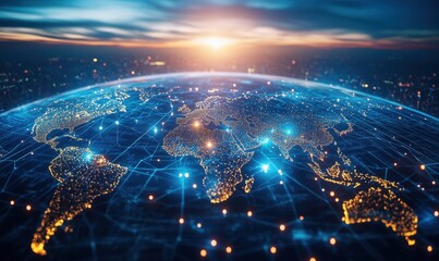 Poster - Global Connectivity Visualization with Illuminated Cities and Network Lines Over Earth at Sunset