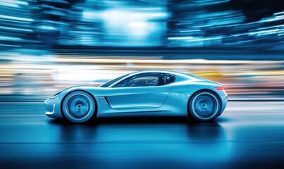 Poster - Futuristic electric sports car speeding through neon-lit cityscape at night, showcasing sleek design and advanced technology
