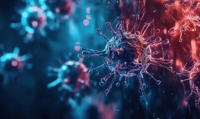 Poster - Microscopic view of virus particles showcasing intricate structures and vibrant colors, representing viral infection and disease spread