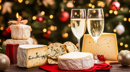 A festive display of assorted cheeses and sparkling wine, set against a beautifully decorated Christmas tree background.