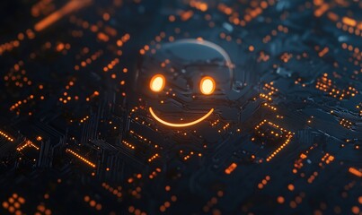 Poster - Smiley Face Circuit Board Design with Glowing Orange Elements, Abstract Technology Background, Digital Art Representation