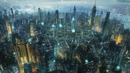 Aufkleber - A futuristic cityscape illuminated with a network of connections and digital overlays.