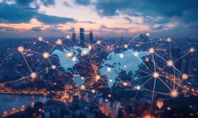 Poster - Global Connectivity Network Visualization Over Cityscape at Dusk, Highlighting Interconnectedness of Cities and Data Flow