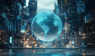 Poster - futuristic cityscape featuring holographic globe, advanced technology, neon lights, and urban archit