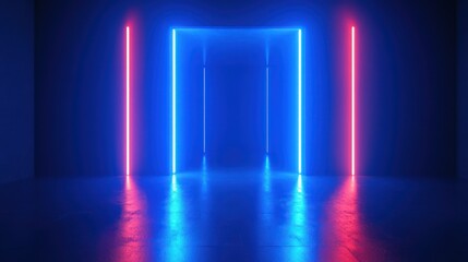 Poster - A futuristic corridor illuminated by blue and red neon lights.