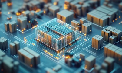 Poster - Futuristic cityscape with illuminated grid-like building surrounded by modern architecture and digital elements