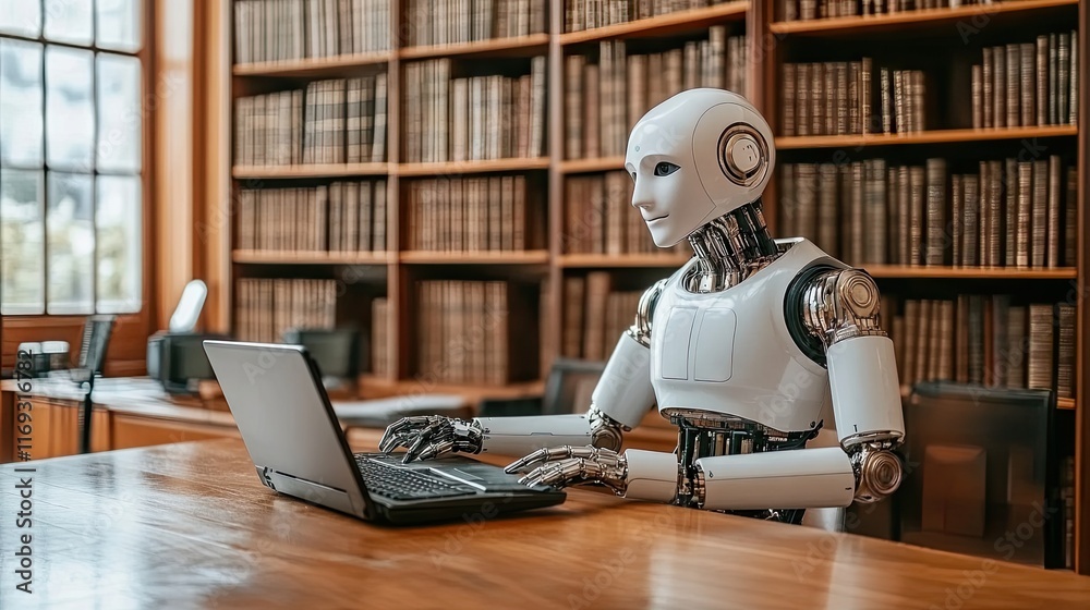 A humanoid robot sits at a wooden table in a library using a laptop ...
