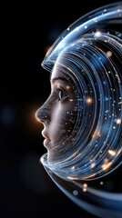 Poster - Futuristic robot head constructed from glowing connections, showcasing advanced artificial intelligence against a dark blue backdrop