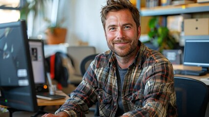 Poster - A cheerful man sits at his desk in a vibrant office, surrounded by plants and modern decor. He is engaged in work on his computer, showcasing a friendly demeanor and a collaborative atmosphere.