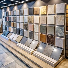 store stone sample display with floor tiles and countertop