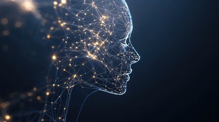 Poster - An elegant AI robot in profile features glowing data streams and circuit patterns amidst digital symbols of intelligence