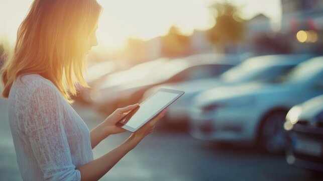 Woman using tablet in parking lot at sunset. Modern technology and lifestyle captured in a beautiful image.
