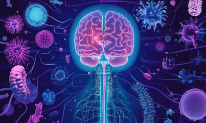 Poster - Brain surrounded by colorful microorganisms and viruses, showcasing the intricate relationship between human cognition and microbial life, vibrant digital art