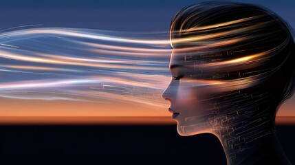 Poster - An elegant AI robot in profile features glowing data streams and circuit patterns amidst digital symbols of intelligence