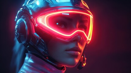 Poster - A futuristic female figure wearing high-tech goggles with glowing accents, set against a dramatic backdrop.