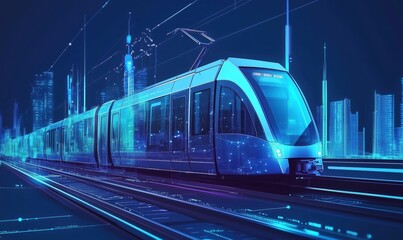Poster - Futuristic digital train on high-tech urban railway, illuminated by neon lights, showcasing advanced technology and smart city infrastructure