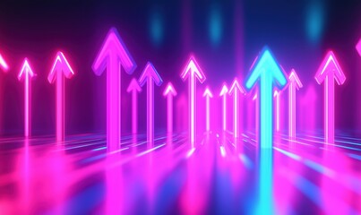 Poster - Neon Arrows in Vibrant Colors Representing Growth and Progression, Futuristic Design with Pink and Blue Hues, Abstract Background