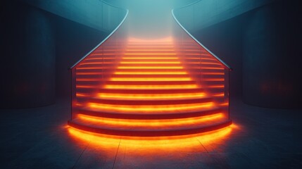 Wall Mural - Glowing orange staircase in a dark room.