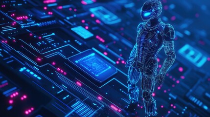 Fototapete - A futuristic humanoid figure in a digital landscape of circuits and neon lights.