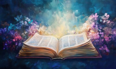Poster - open book radiating light surrounded by colorful flowers, symbolizing knowledge and inspiration