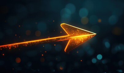 Poster - Glowing orange arrow symbolizing direction and movement against a blurred blue background with sparkling bokeh effects